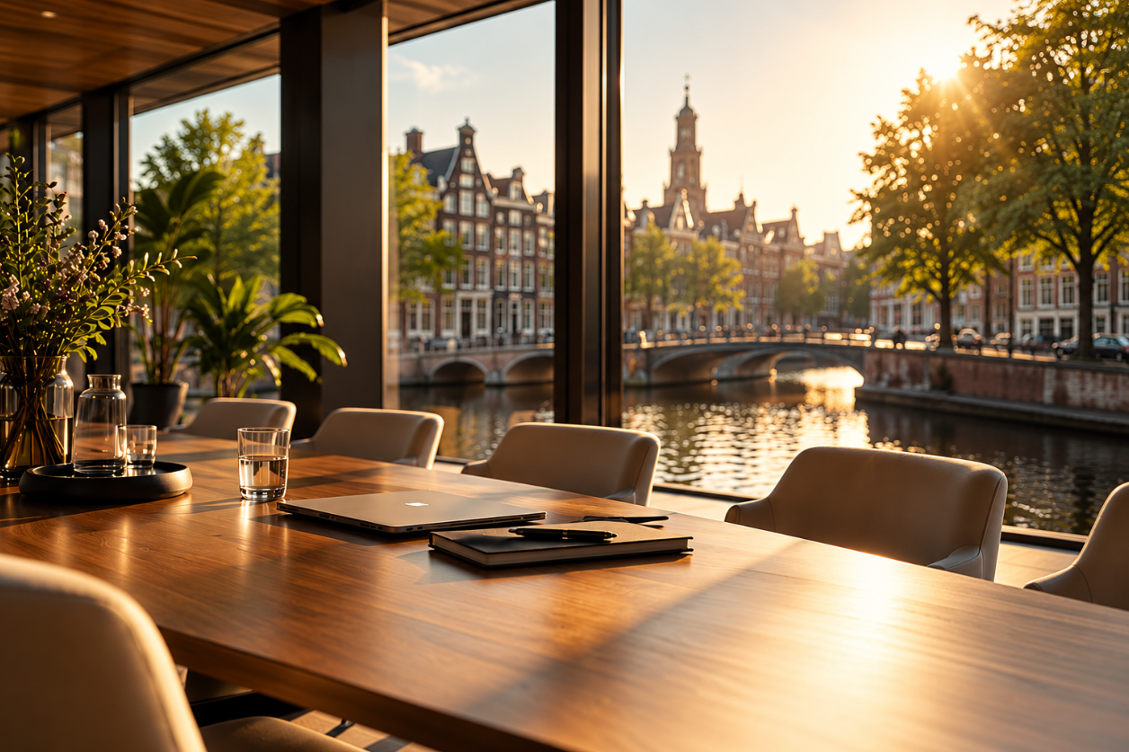 Warme vergaderruimte met uitzicht over de Amsterdamse grachten
