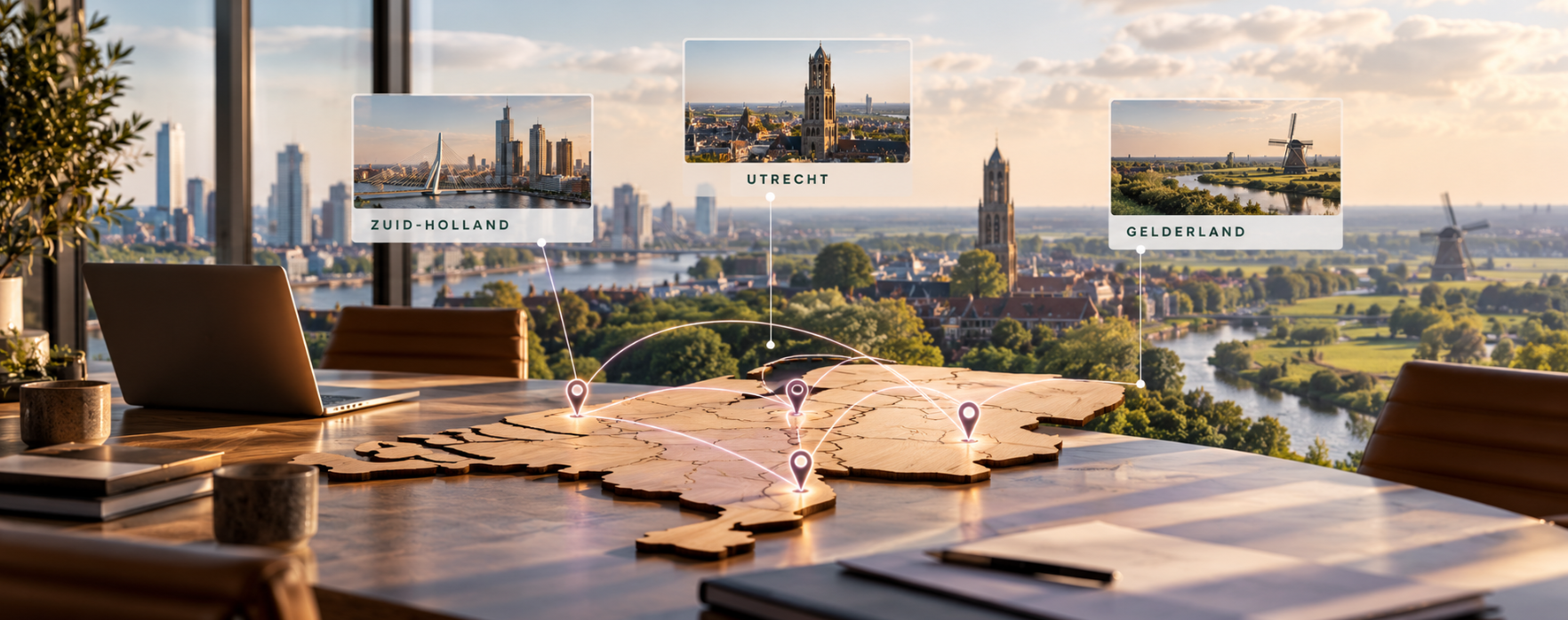 Visuele impressie van het landelijke werkgebied van Boost Venture met een kaart van Nederland en regionale verbindingen